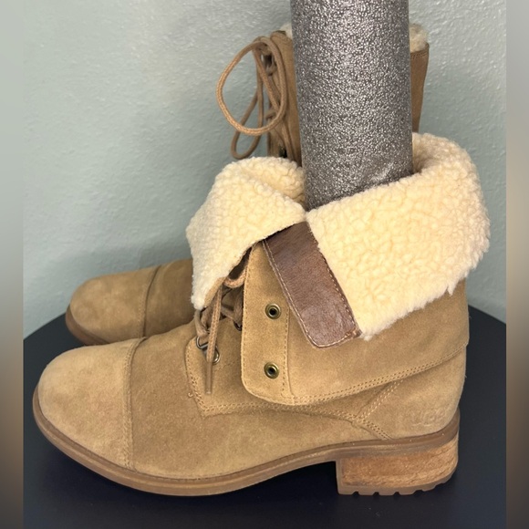 UGG AUS Gradin Lace Up Suede Wool Winter Boots Sheepskin Fur Outdoor Fold Over - Picture 8 of 16
